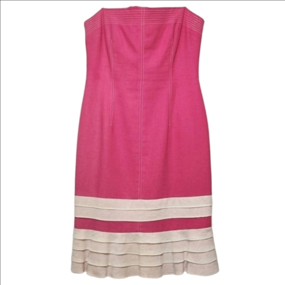 David Meister Flamingo Pink Strapless Linen Blend Dress, Size 6 ~ EUC